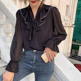 White Bow 2023 Sweet Chiffon Blouses Loose Tops Korean Flare Long Sleeve Shirts Women Autumn Female Ropa De Mujer