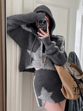 Vintage Women Knitted Set Zip Up Cropped Cardigan Autumn Star Sweater Jackets Hooded Knitted Skirts Casual Two Pieces Sets-Outfit