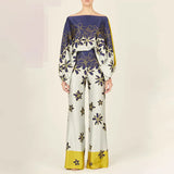 Fongt 2025 New Set Women's Printed Round-Neck Loose Bat Sleeves Wide Leg Trousers Fashion Set