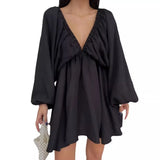 Fongt New V-Necked Long-Sleeved Dress Independent Design Bubble Sleeve Dress