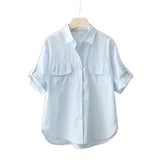 Fongt Short-Sleeved Solid-Colored Shirt Women 2025 Summer New Outer Shirt Design Sense Double Pocket Loose Thin Top Woman