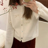 Spring And Autumn New Pure Color High-Grade Round Collar Hand-Made Three-Dimensional Bow Soft Waxy Knitted Cardigan Blouse-Outfit