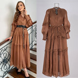 Fongt Temperament Dress 2025 New V-Neck Lantern Sleeves Folded Long Silk Dress Dress