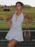 Fongt Women's Temperament Simple Pile Tie Stripe Bump Color Hanging Neck Tie Dress Short