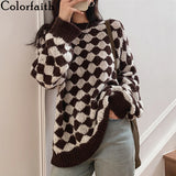 2022 New Checkerboard Spring Winter Women Sweaters Pullovers Checkered Vintage Korean Fashion Elegant Tops