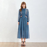 Vintage Hollow Out Dress For Female Stand Collar Long Sleeve High Waist Print Elegant Dresses Women 2021