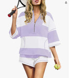 Fongt Spring And Summer New Women's Striped Half-Sleeved Oversized Shorts Casual Sportswear Two Sets