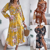 Fongt Spring And Summer Sexy Tie Knotted Flowers Long Sleeve Open Fork Dress Women
