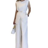 Fongt Summer New Solid Color Round Collar Sleeveless Top High Waist Broad Leg Pants Two Sets Of Women