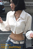Blouse Hollow Out Crop Top Y2K Clothes Long Sleeve Top Autumn Spring Solid Turn Down Collar Streetwear Button Up