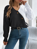 Fongt Shooting 2025 Autumn And Winter Casual V-Neck Button Bump Color Lantern Sleeve Sweater