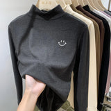 Solid Color Embroidered Half-High Collar Bottomed Blouse In Autumn And Winter German Velvet Temperament Black Long-Sleeved