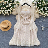 Fongt High-End Heavy Industry Nail Drill Three-Dimensional Flower Square Collar Horn Sleeves To Close The Waist Hollow Lace Dress 20