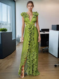 Temperament Famous Wind Dress 2025 New V Collar 100 Folding Wood Ear Design High Waist Open Fork Dress
