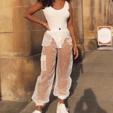 Mesh See-through Hight Waist Cargo Pants Patchwork Sweatpants Black Fashion Summe New Loose Trousers Women