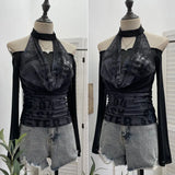 Fongt Hottie Hanging Neck A Word Shoulder Collar Long Sleeve Mesh Yarn T-Shirt 1331