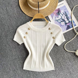 Fongt Girls Knit Round Collar T-Shirt Girls Summer Thin Short Thin Design Feeling Fried Street Pure Desire Top