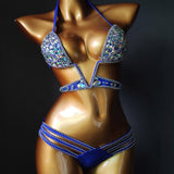 Deep V Bustier Open Straps Paded Bikini Sets Bling Stones Sparking Crystal Rhinestone Chain Swimwear Push Up