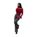 Fongt Sense Knitted Top Women's Sexy Hot Girl A Word Shoulder Knitted Shirt T-Shirt T-Shirt Sweater Woman