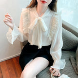 Ruffles Summer Women's Blouse Slim Fit Chiffon Shirt Beaded Long Sleeve Casual Top New Fashion Female 2022 Korean Style