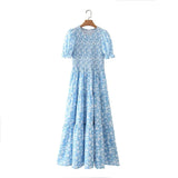 Women Floral Print Tiered Ruffle Midi Dress Female Puff Sleeve Clothes Leisure Lady Slim Vestido