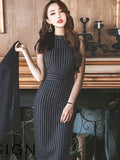 Fongt Stripe Sleeveless Bottom Dress 2025 New Fashion Temperament Vertical Stripe Dress