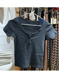 Women Front Buttons T-shirts 2023 Summer Fashion Ladies O Neck Short Sleeves Solid Color Tees Female Chic Tops-Outfit