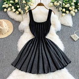 Fongt New Temperament Elegant Vertical Stripes To Close The Waist Thin Sling Dress Light Style Knitting Skirt Woman