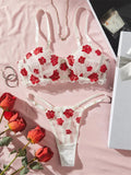 White Sheer Red Flower Embroidery Bra and Panties Lingerie Set-Outfit