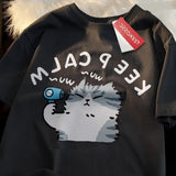 Keep Calm Cat Hair Dryer Print T-shirt-Outfit