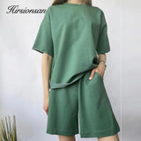 Loose Soft Sets Women 2021 New Casual Two Pieces Short Sleeve T Shirts and High Waist Shorts Solid Outfits