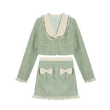 Winter Sweet Tweed Plaid Skirt Sets Women Cute Bow Woolen Jackets Mini Skirts Green Elegant Suit Female New 2 Pieces Sets-Outfit