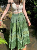 y2k Printed Green Long Skirts Retro Kawaii Lace Up Pleated Skirts Grunge Fairycore Boho Beach Holiday Skirt Women