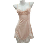 Fongt Ice Silk Pajamas Woman 2025 New Pure Wind Silk With Chest Pad Lace Sling Skirt Home Dress
