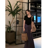 Fongt Summer New Relaxation Black Short-Sleeved T-Shirt Blouse High-Waist Purple Color Tying Strap A-Word Half-Dress Woman