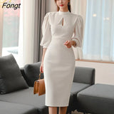 Han Queen Hot sale Autumn Fashion Stand Collar Puff Sleeve Female Pencil bodycon Dress Slim Solid color Midi Casual