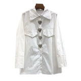 Casual Patchwork Diamonds Shirt For Women Lapel Long Sleeve Straight Button Through Blouse Female Korean