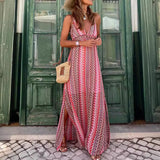 Fongt Women's New Summer Bohemian Print V-Neck Sling Open Dress 8018