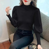 Korean Version Semi-High Round Collar Design Bubble Sleeve Knitted Sweater Autumn And Winter New Foreign Style Pullover Women's Dress-Outfit