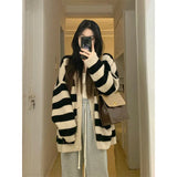 New Autumn And Winter Korean Style Lazy Breeze V-Collar Striped Sweater Girl Loose Thin Knitted Cardigan Coat Girl-Outfit