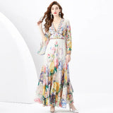Fongt Retro Court Style Dress Female Design Horn Sleeves Long Chiffon Leaf-Side Skirt
