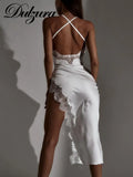 Lace Patchwork Women Strap Midi Dress Side Slit Backless Bodycon Sexy Party Club Festival Elegant 2021 Winter