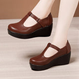 Plus Size 32-43 T Strap Leather Wedges Shoes for Women 2021 High Heels Shoes Ladies Platform Shoes Mother Dance
