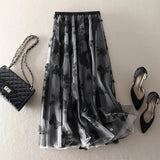 Fashion Butterfly Embroidery Mesh Skirt 2023 Summer New Office Lady Commute All-match Elastic Waist A-Line Midi Skirts-Outfit