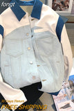 High Street Blue Denim Stitching Jacket Women 2023 Autumn Tendy Unisex Chic Thick T-shirt Fashion Patchwork Long