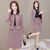 Plaid 2 Piece Dress Sets Spring Fall Elegant Long Sleeve Cropped Jacket Slim Ol Lapel Dresses Suits Oversize 4xl
