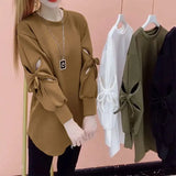 Solid Color Cut Out Sweatshirts Female Clothing Korean Loose Spring Autumn Long Sleeve Casual Bow Round Neck Pullovers-Outfit