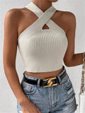 Fongt Women's New Slim Slim Cross Hanging Neck Knitted Sweater Vest Top