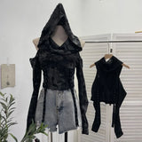 Fongt Shooting Doomsday Wasteland Wind To Make Old Worn Hooded Long-Sleeved T-Shirt Short High-Waisted Umbilly Top 9259