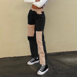 Patchwork Fashion Cargo Jeans Women High Waist Buttons Fly Streetwear Straight Pants 90s Retro Punk Straight Denim